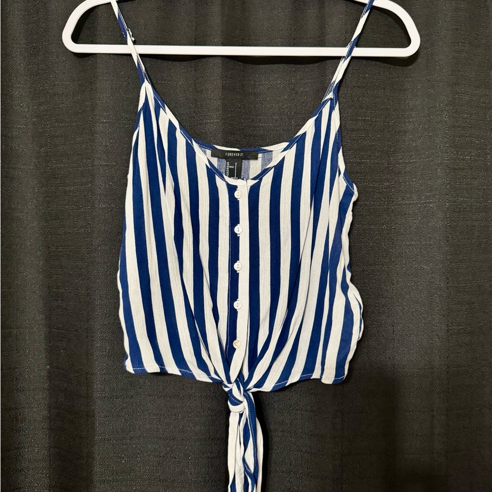 Blue and White Tie Front Crop Camisole